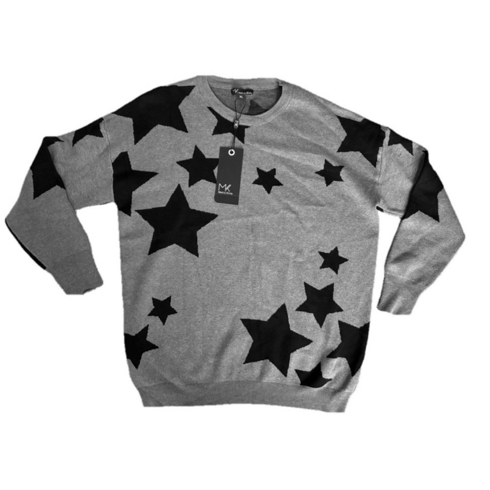 Gray and black cozy crewneck star sweater by metric knits